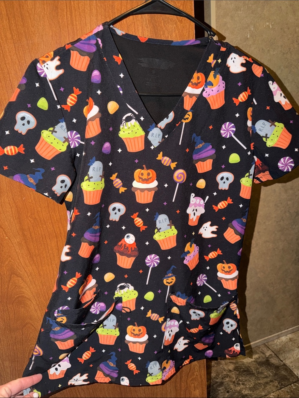 Women's Halloween Scrub Top - Black